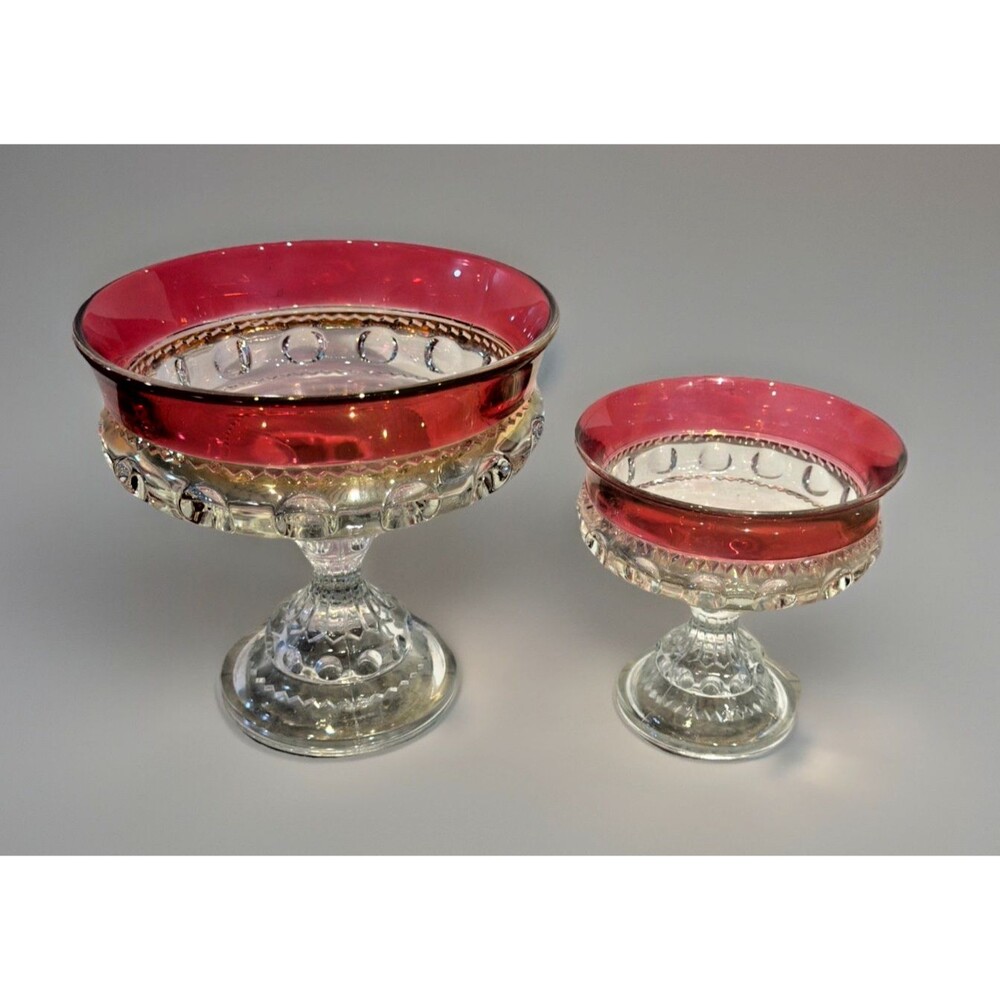 Vtg Indiana Glass Kings Crown Thumbprint Ruby Glass Foot Compote Candy Dish Set